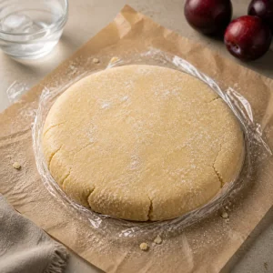 Galette dough disk wrapped on parchment with ice water nearby