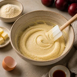 Smooth almond frangipane in a ceramic bowl