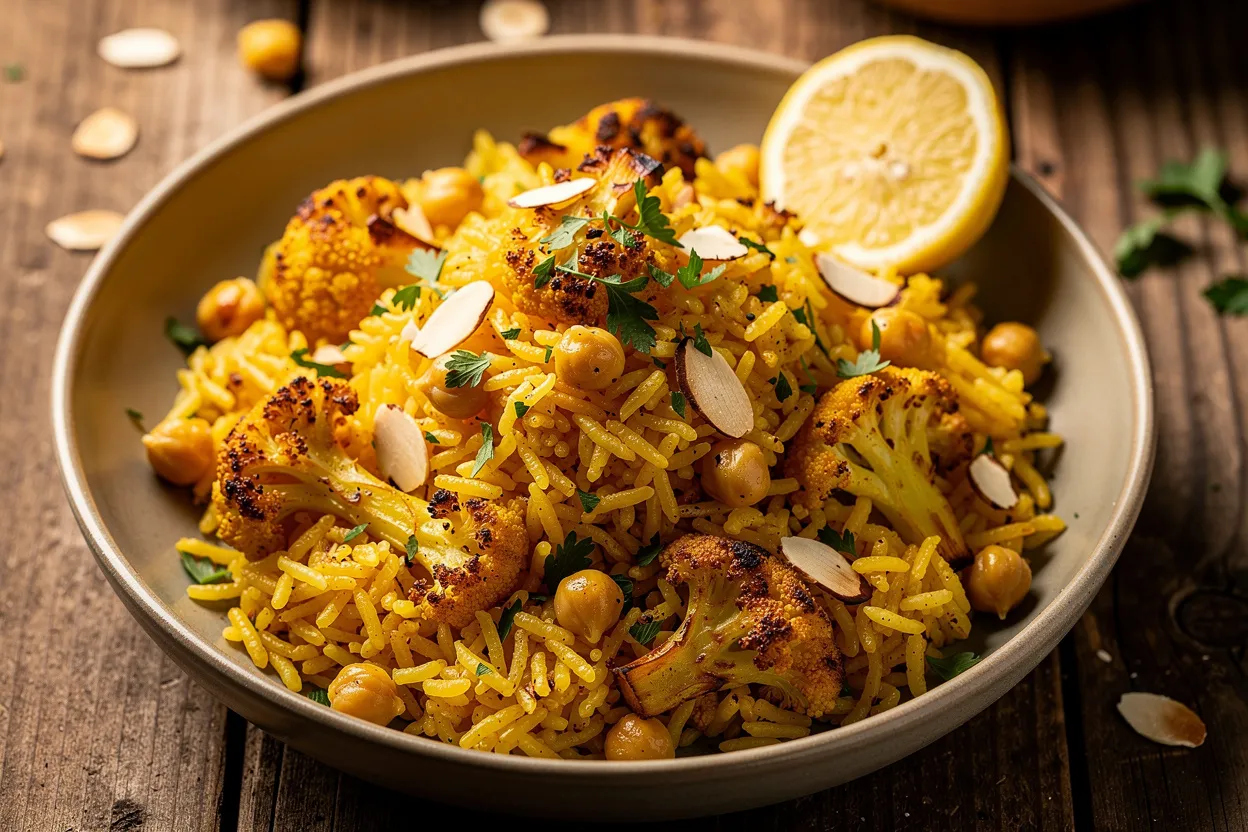 Pilaf de riz au safran, chou‑fleur rôti et pois chiches