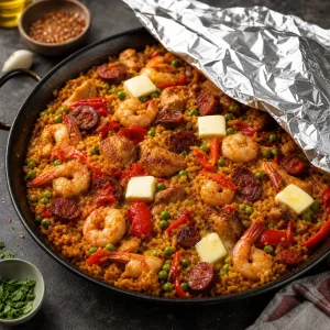 Manteiga a derreter sobre paella de camarão em repouso