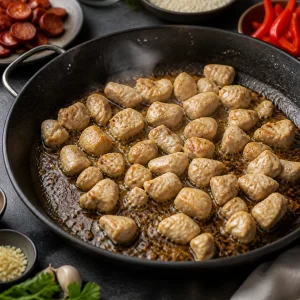 Pedaços de frango a dourar em azeite