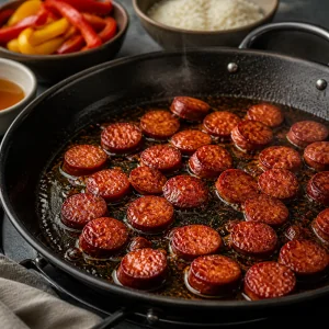 Rodelas de chouriço a dourar numa paelheira