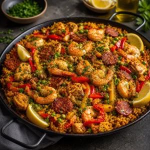 Paella de camarão pronta com salsa e limão