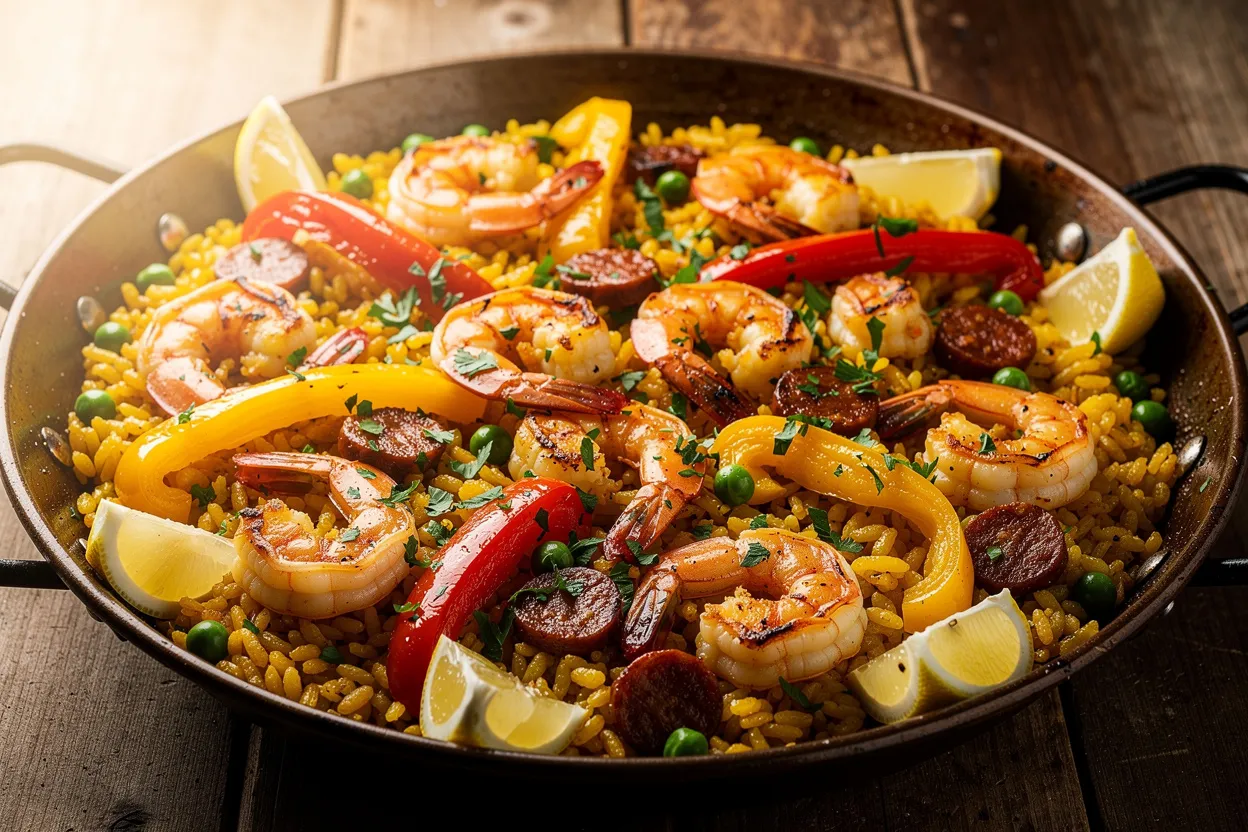 Saffron Shrimp Paella with Roasted Peppers & Chorizo