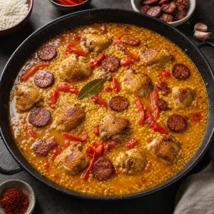 Caldo de açafrão a cobrir arroz, frango e chouriço