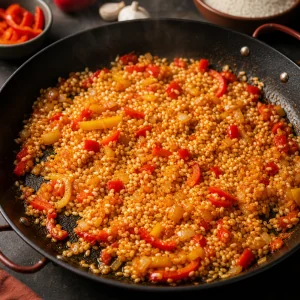 Arroz de grão curto a tostar com pimentos