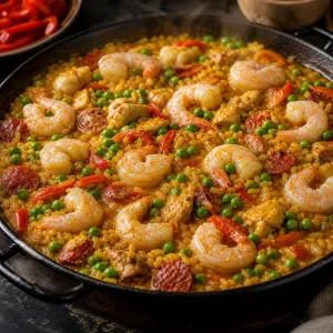 Camarão e ervilhas a cozinhar sobre arroz de açafrão