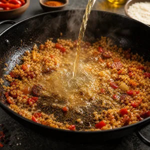 Vinho branco a deglaçar arroz tostado e pimentos