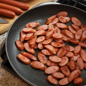 Fatias diagonais de salsicha dourando numa frigideira para salchipapas