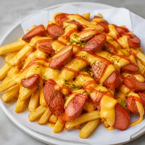 Salchipapas prontas com batatas fritas crocantes salsicha dourada molho cremoso de queijo e molho aji vermelho