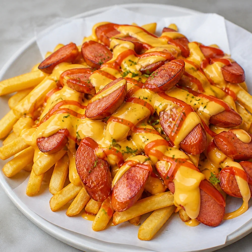 Salchipapas prontas com batatas fritas crocantes salsicha dourada molho cremoso de queijo e molho aji vermelho