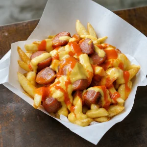 Salchipapas quentes com batatas crocantes salsicha molho de queijo e aji vermelho
