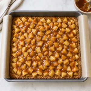Apple filling on the crust with caramel drizzle