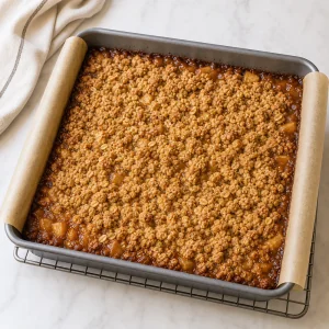 Baked pan of apple crumble bars with golden topping