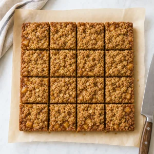Cooled apple crumble bars cut into 16 squares