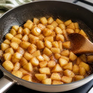 Diced cinnamon apples cooking in a skillet