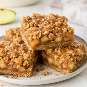 Finished salted caramel apple crumble bars on a plate