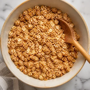 Moistened oat crumble mixture in a mixing bowl