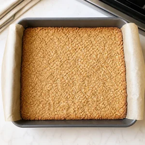 Parbaked oat crust pressed into the pan