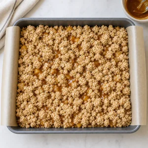 Unbaked bars topped with oat crumble clumps