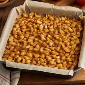 Manzanas cocidas con canela extendidas sobre la base