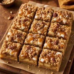 Cuadrados cortados de manzana y streusel con caramelo