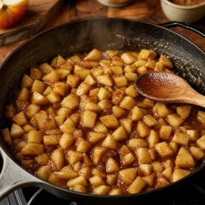 Manzanas en cubos cocinándose en sirope de canela