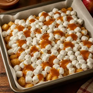 Mini malvaviscos y caramelo sobre la capa de manzana