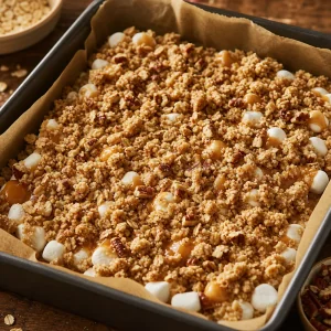 Streusel de avena espolvoreado sobre malvavisco y caramelo