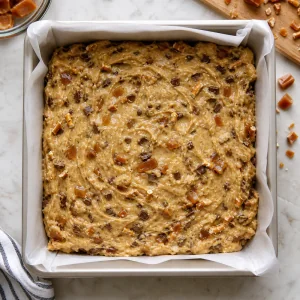 Massa de blondie com pedaços de caramelo espalhada na forma