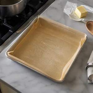 Forma forrada com papel manteiga untado pronta para o caramelo
