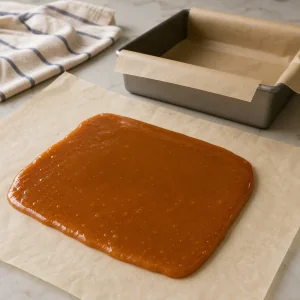 Caramelo esfriando no papel manteiga ao lado de uma forma forrada