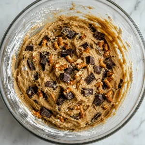 Pedaços de chocolate e pretzels quebrados sobre a massa de blondie