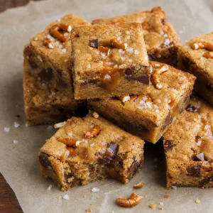 Fertige Blondies mit Salzkaramell und Brezeln in Quadrate geschnitten