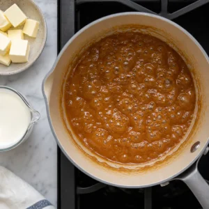 Caramelo salgado brilhante borbulhando na panela
