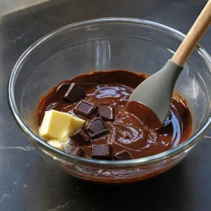 Butter und Zartbitterschokolade schmelzen in einer Glasschüssel