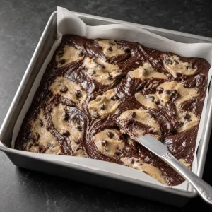 Cookieteig marmoriert durch den Brownieteig in der Form