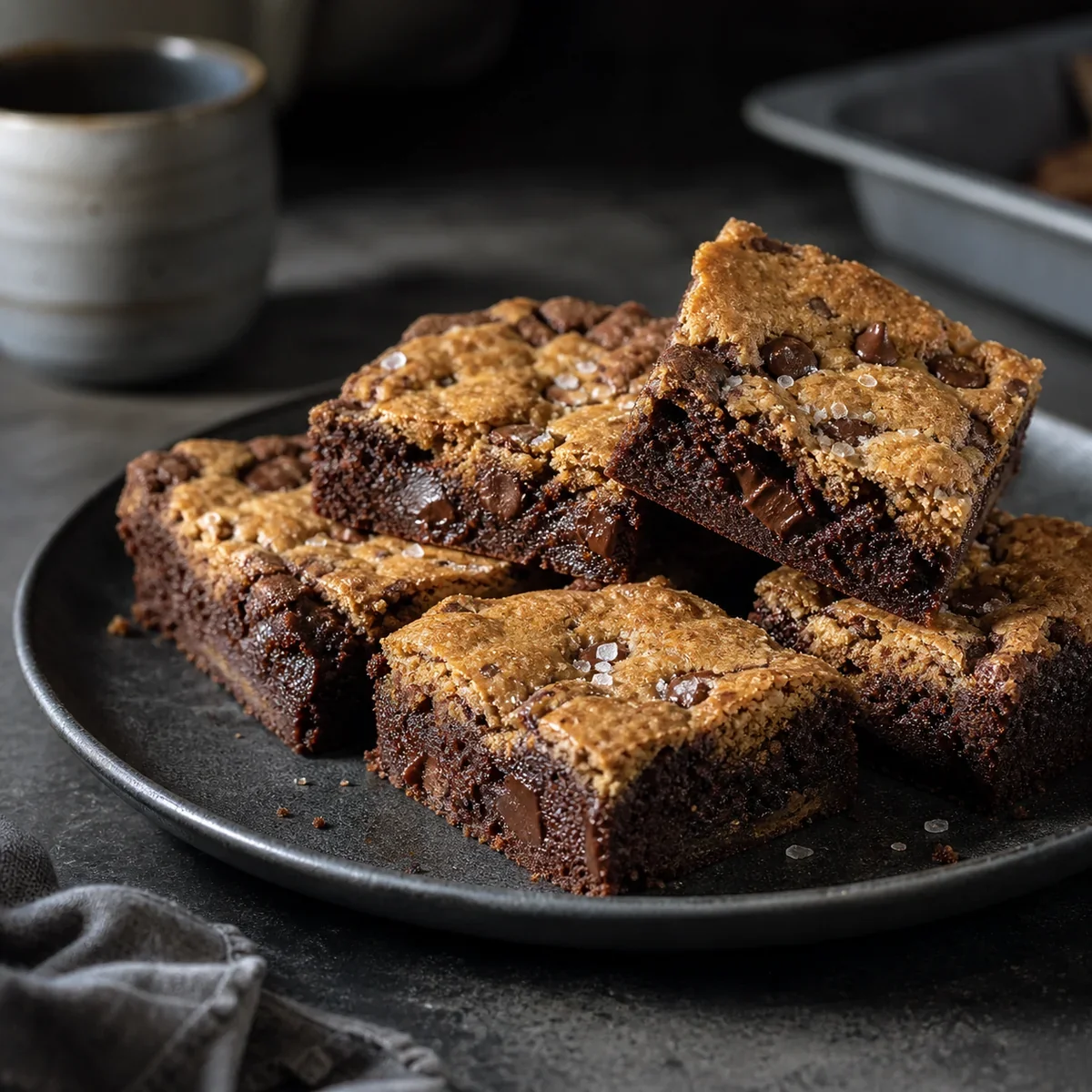 Schokoladen-Brookies mit saftiger Mitte auf einer dunklen Platte