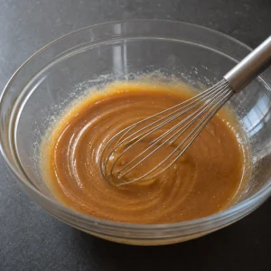 Glatte Mischung aus braunem Zucker, Butter und Ei in einer Schüssel
