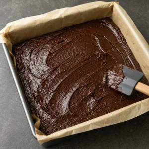 Dicker Brownieteig gleichmäßig in der ausgelegten Form