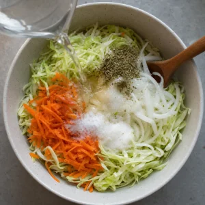Kapusta, marchew, cebula, oregano, ocet, sól i cukier w misce