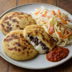 Gotowe pupusas z curtido i salsą roja
