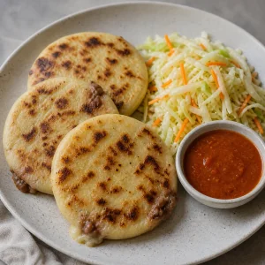 Ciepłe pupusas podane z curtido i salsą roja