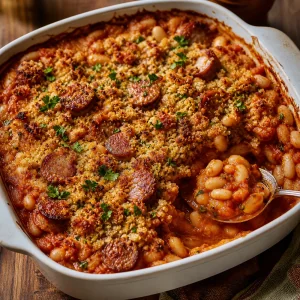 Finished sausage and white bean bake with golden breadcrumb topping