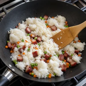 Riso jasmine freddo aggiunto al wok e sgranato con una spatola