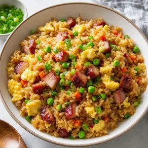 Finished BBQ pork fried rice with scrambled egg, peas, carrots, and scallions in a bowl