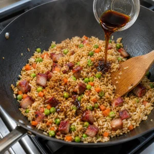 Salsa di soia, salsa di ostriche e olio di sesamo versati sul riso fritto nel wok