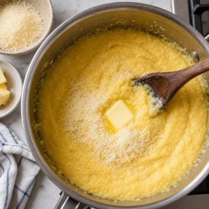 Butter and grated Parmesan melting into creamy polenta