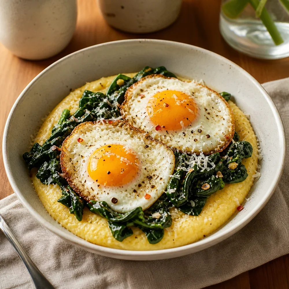 Creamy polenta topped with sautéed greens, fried eggs, Parmesan, and pepper