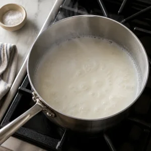 Milk and water simmering in a saucepan with salt nearby